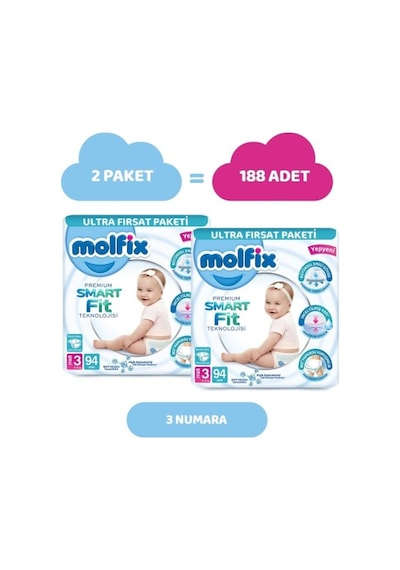Molfix Premium Smart Fit Bebek Bezi Midi 3 No 188 Li PKT.MOLFIX.113 3 Numara