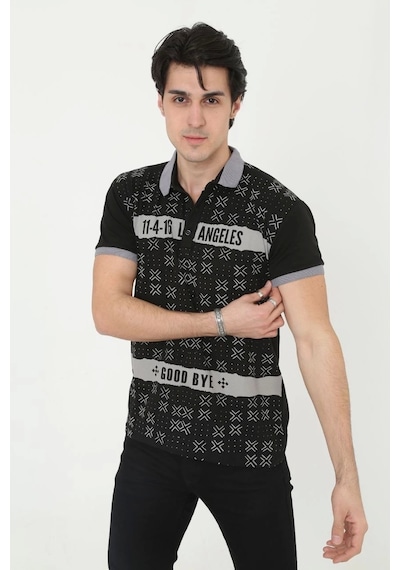 Erkek Yakalı Slim Fit Baskılı T-shirt - Siyah