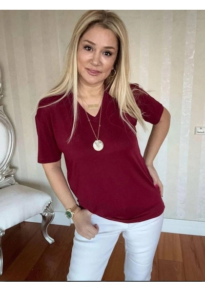 Defymoda Kadın Kısa Kollu V Yaka Bluz Bordo