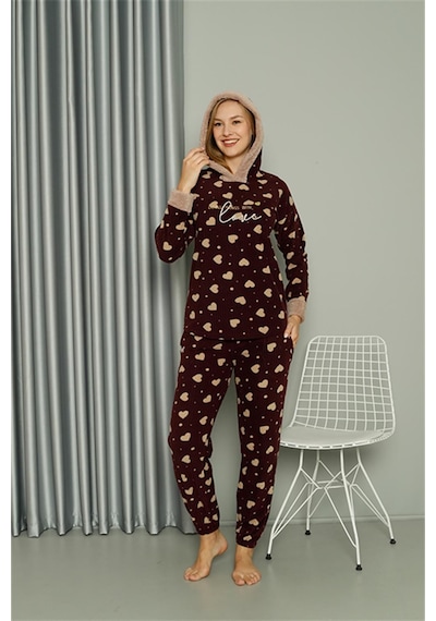 Akbeniz Welsoft Polar Kadın Kapşonlu Pijama Takımı 8513 - L Bordo