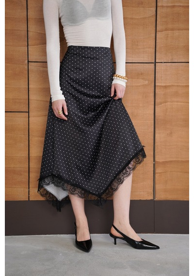 Verymoda Dantel Detaylı Puantiyeli Saten Etek F2077 Siyah