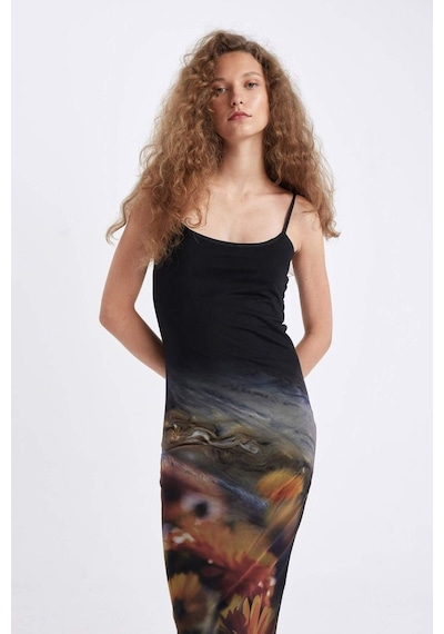 DeFacto Bodycon Vücudu Saran Askılı Desenli Tül Askılı Maxi Elbise D5034AX24AUYL189