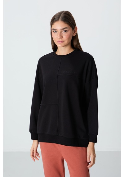 Tommy Life Siyah Kompakt Pamuklu Kalın Pürüzsüz Dokulu O Yaka Oversize Fit Kadın Sweatshirt - 97288 Siyah