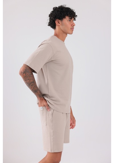 Rowinger Waffle Dokulu Oversize T-shirt Ve Şort Erkek Takım Beıge
