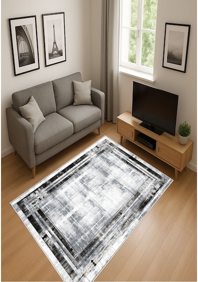 STY Home Gri Siyah Dijital Baskı Salon Halısı Kaymaz Tabanlı Yıkanabilir Halı Yolluk 525 Siyah