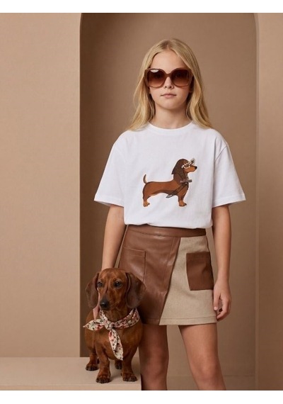 Zekids Kız Çocuk Köpek Baskılı Taş Detaylı Tasarım T-shirt-17187 Beyaz