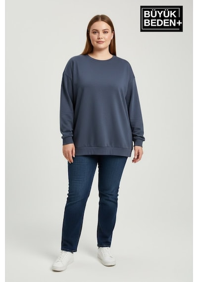 Superlife Kadın Büyük Beden Bisiklet Yaka Kollar Ve Etek Ribanalı İnce Sweatshirt Spr26bswk956 Mavi