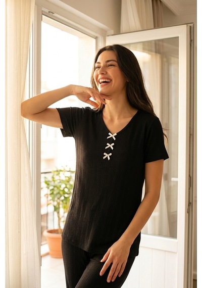 Mataş Kadın Bambu Viskon Transfer Ribana Kısa Kollu Düğmeli Biyeli Soft Örme Pijama Takımı Siyah