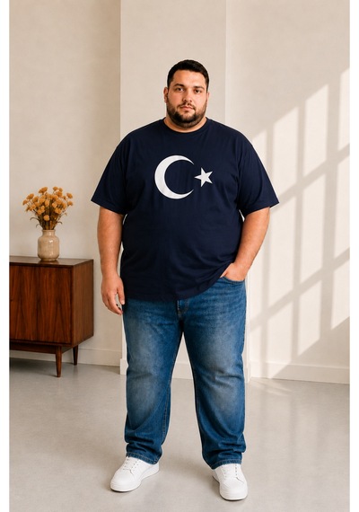 Sngl Tekstil Erkek Büyük Beden Kısa Kollu Ay Yıldızlı Tişört 3xl 4xl 5xl 6xl 7xl 8xl 9xl Lacivert