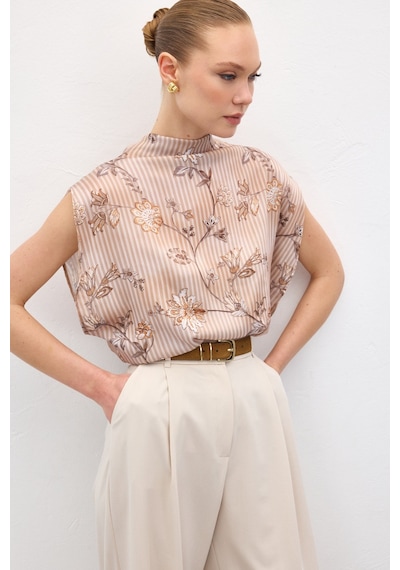 Sateen Kısa Kollu Desenli Bluz - Kahve-137042 kahve