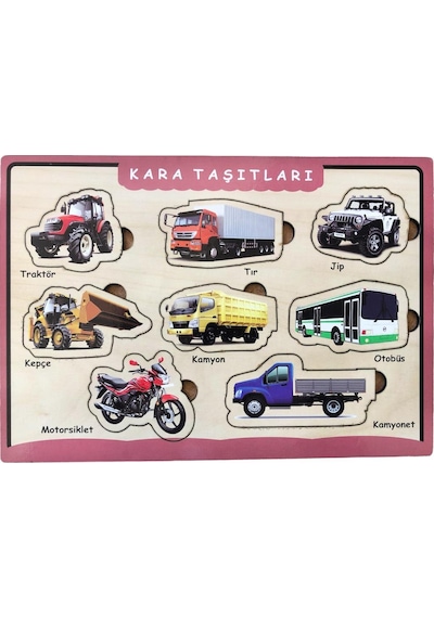 Farbu Oyuncak Ahşap Bultak Puzzle 8 Parça Arka Yüzü Yazı Tahtalı Yapboz Kara Taşıtları