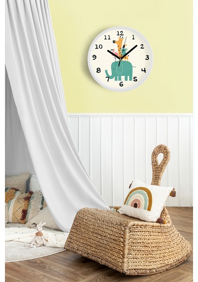 Sevimli Hayvanlar Modern Tasarım Çocuk Odası Duvar Saati - 30cm - Önü Camlı Beyaz Kasa-jh0856 Beyaz