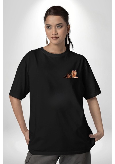 Yorkshire Teacup Ve Anne Köpek Siyah Oversize Unisex Ön Sol Yan Minimal Baskılı Tişört Koyu Siyah
