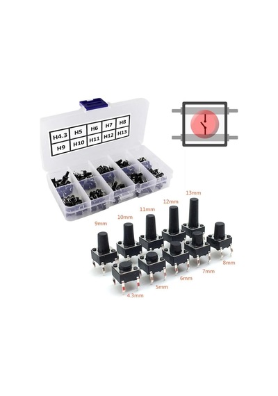 Alkatronik 200 Adet 6x6mm Tact Buton Set 10 Farklı Yükseklikte 4 Pin Dokunmatik Anlık Basmalı Düğme Anahtar