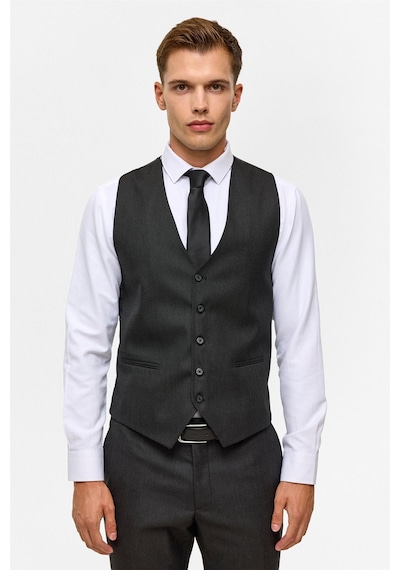 Süvari Siyah Slim Desenli Mono Yaka 6 Drop Yelekli Takım Elbise-38744 Siyah