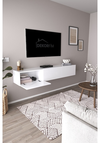 Df17103 Dolaplı Duvara Monte Tv Ünitesi 180 Cm Modern Askılı Dekoratif Stil Tv Sehpası Beyaz