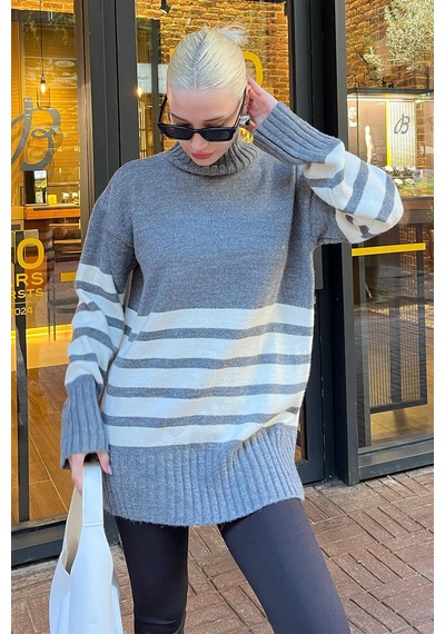 Madmext Gri Oversize Balıkçı Yaka Çizgili Kazak Mg2168 Gri