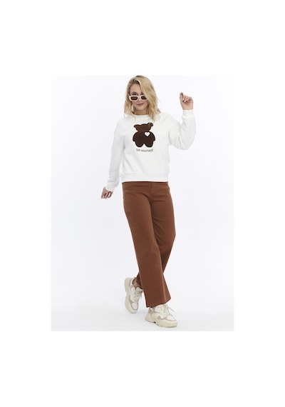 Kadife Be Yourself Desenli Ekru Yumuşak Dokulu Regular Fit Bisiklet Yaka Kadın Sweatshirt Ekru