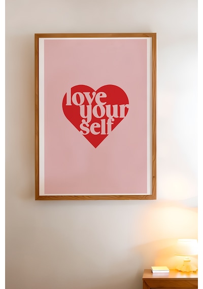 Love Yourself Kendini Sev Doğal Ahşap Çerçeveli Poster, Dekoratif Kalpli Duvar Tablosu