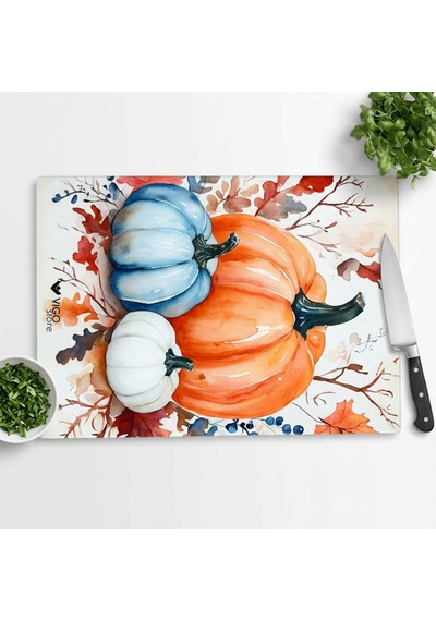 Makri Home Dekoratif Kabak Desenli Cam Kesme Tahtası 25 Cm 35 Cm Turuncu