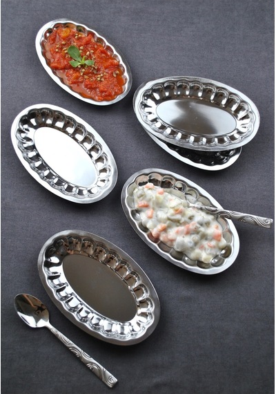 6'lı Çelik Dilimli Küçük Kayık Tabak Dilimli Kayık Tabağı Mini Meze Kahvaltı Sunum Kase 18x11 Cm Metal