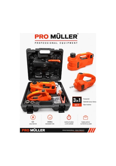 Pro Müller Elektirikli 5 Ton Araba Kriko Kiti 12 V Hidrolik Kriko Bijon Anahtarı Seti Darbe Anahtarlı Set