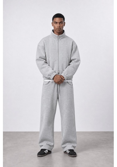Respire Erkek Crop Fit Panda Oversize Zip Gri Melanj