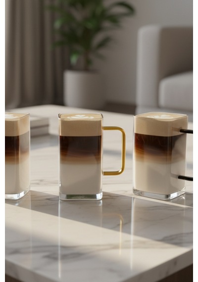 4 Kişilik Borosilikat Kare Renkli Saplı Cam Latte Takımı Isıya Dayanıklı 400 Ml Beyaz