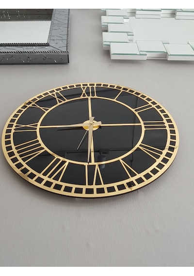 Ayna Denizi Golden Roma Model Altın Siyah Renk 50 Cm Dekoratif Aynalı Duvar Saati Siyah