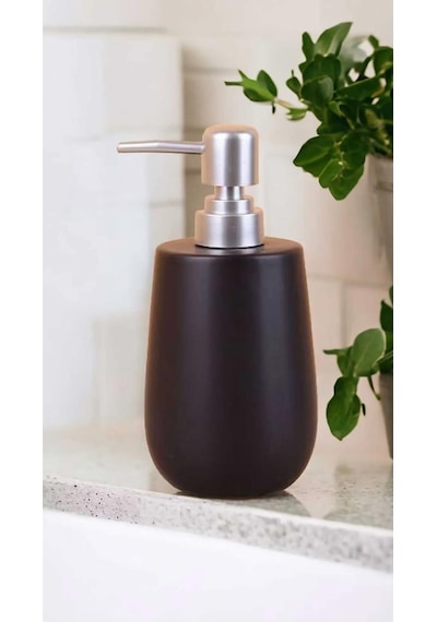Stone Lüks Camsı Mat Seramik Banyo Mutfak Sıvı Sabunluk Bulaşık Deterjanlık Gümüş Silver Kapak Siyah