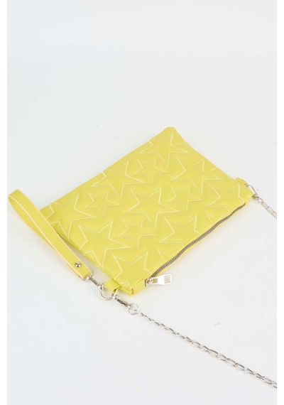 Vivaq Kadın Neon Sarı Yıldız Nakışlı Suni Deri Bilek Ve Zincir Askılı Portföy El Ve Clutch Çanta