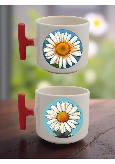 Modern Papatya Baskılı Latte Bardağı - Eşime Doğum Günü Hediyesi, Sevgililer Gunu Hediyesi Beyaz