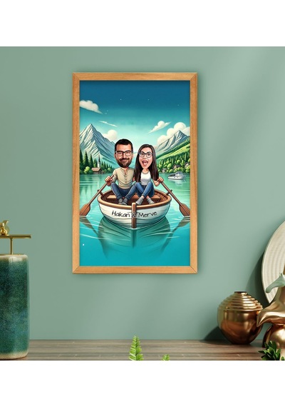 Bk Gift Kişiye Özel Teknede Oturan Çift Karikatürlü Ahşap Çerçeveli Tablo-1 40x25cm, Sevgililer Günü, Sevgiliye Hediye Kobitmeyencom33783 Bk Gift