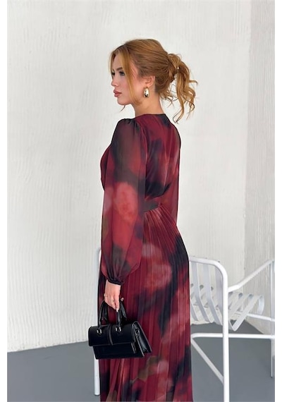 Neşeli Butik Kadın Astarlı Midi Boy Şifon Elbise Nbk20301 Bordo