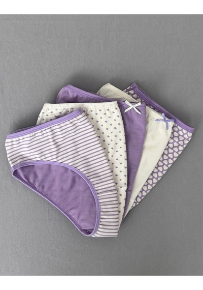 Alya Underwear Pamuklu Kadın Külot Slip Empirme Baskılı Yüksek Bel İç Çamaşırı - 5'li Paket - Lacivert Çok Renkli P28 Lila