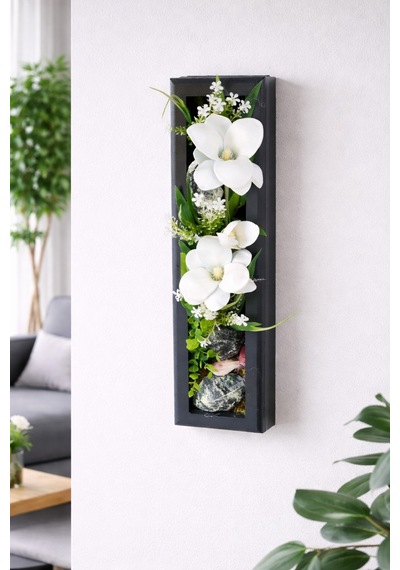 Yapay Çiçek Sitesi Ahşap Çerçeveli Yapay Çiçek Duvar Tablosu 44x11 Cm Model 5 Beyaz