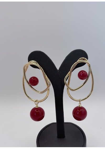 Rhea Jewelry Çelik Geometrik Kırmızı Boncuklu Sallantılı Kadın Küpe Gold 7 Cm Altın - Kırmızı