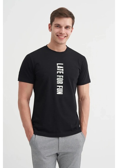 Cazador Slim Fit Bisiklet Yaka Pamuklu Baskılı Tişört Siyah