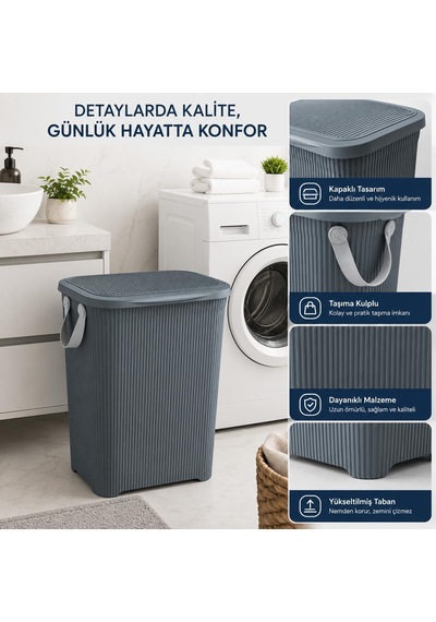 45 L Kapaklı Kirli Çamaşır Sepeti Modern Çizgili Tasarım Taşıma Kulplu Dayanıklı Plastik Banyo, Çamaşır Odası Ve Yatak Odası İçin 40 X 34 X 47 Cm, Antrasit Çok Renkli