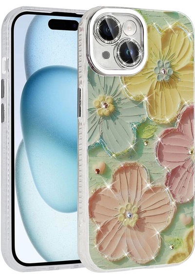 Apple Uyumlu iPhone 14 Kılıf Çiçek Desenli Parlak Taşlı Sert Silikon Zore Garden Kapak
