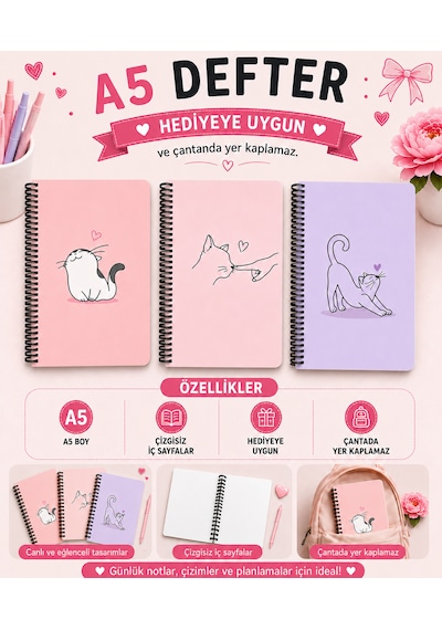Zumio A5 Spiral 3'lü Defter Kedi Temalı Çizgisiz Not Defteri Günlük, Okul Ve Ofis Kullanımı 60 Yaprak Düz
