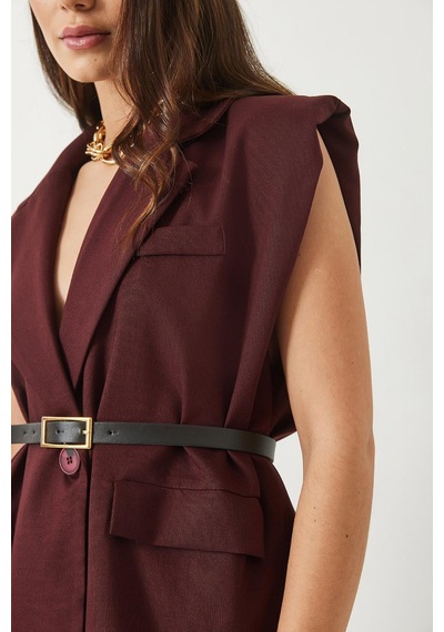Shade Kadın Cep Detaylı Kemerli Vatkalı Oversize Astarlı Blazer Yelek 11143 60281003 - Bordo