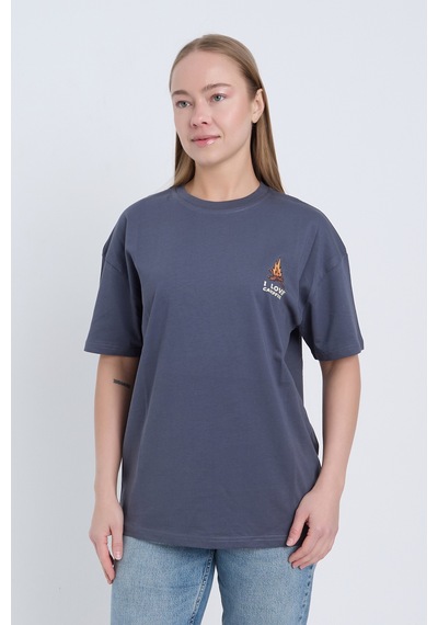 Velvoria Unisex Oversize I Love Camp Baskılı Antrasit Renk T-shirt
