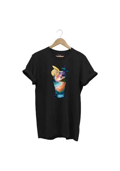 Summer Yaz Havasa Ve Kokteyl Baskılı %100 Pamuk Unisex Regular Fit T-shirt Siyah