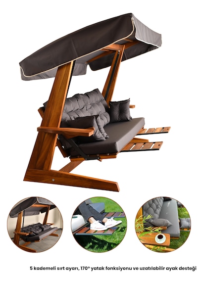 Luna Deluxe 2600 Iroko Beş Kişilik Yatak Olma Ve Ayak Uzatma Sehpalı Ahşap Bahçe Salıncağı Antrasit Minder Seti Dahil Antrasit