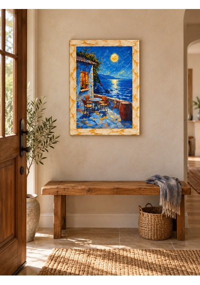Ahşap Eskitme Çerçeve Desenli Taş Duvar Avlusu Ve Ay Işığı Manzaralı Dekoratif Ahşap Tablo 52x72 Cm