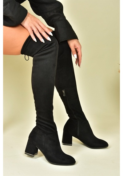 Fox Shoes Siyah Süet Streç Kalın Topuklu Kadın Dizüstü Çizme N282920002 Siyah-süet