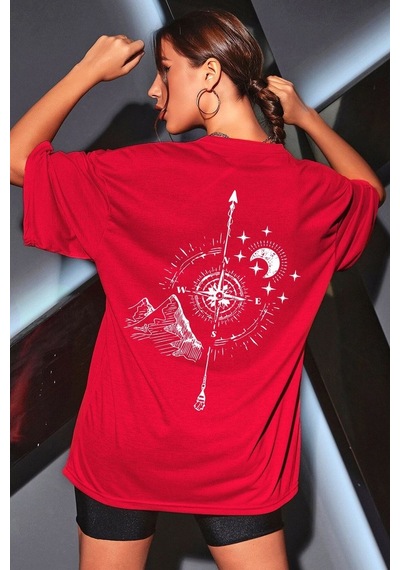 Unisex Pusula Baskılı T-shirt Kırmızı