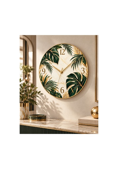 Modern Doğa Ve Yaprak Desenli Ahşap 45 Cm Sessiz Akar Mekanizmalı Uv Baskılı Dekoratif Duvar Saati Hediyelik 1043 Çok Renkli