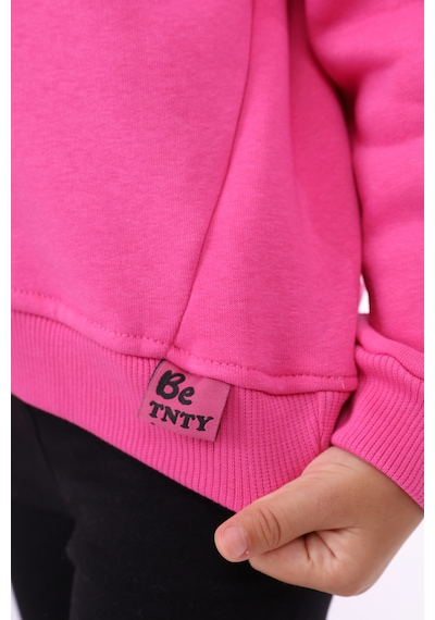 Kız Çocuk Relax Fit Dik Yaka Düşük Omuz Nakış Baskılı Sweatshirt - 3 İplik Şardonlu Fuşya